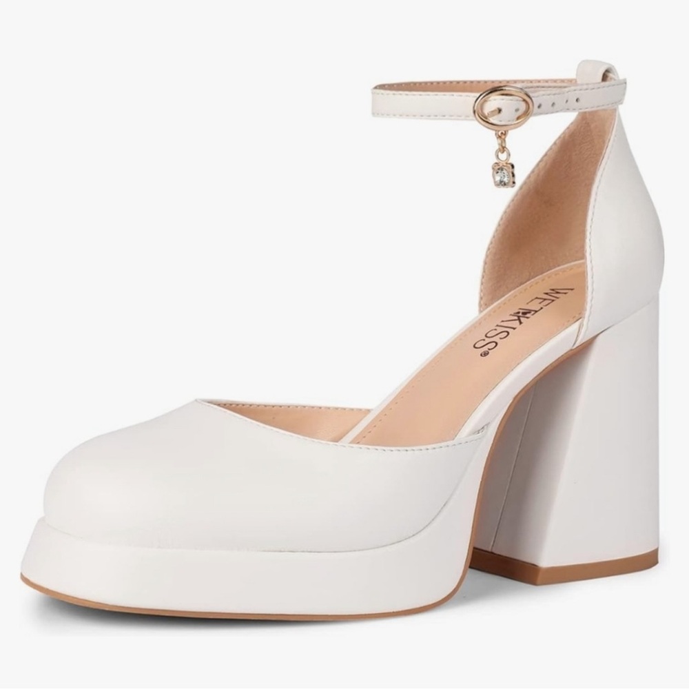 Kiss White and Tan Block Heel Platform Pumps
